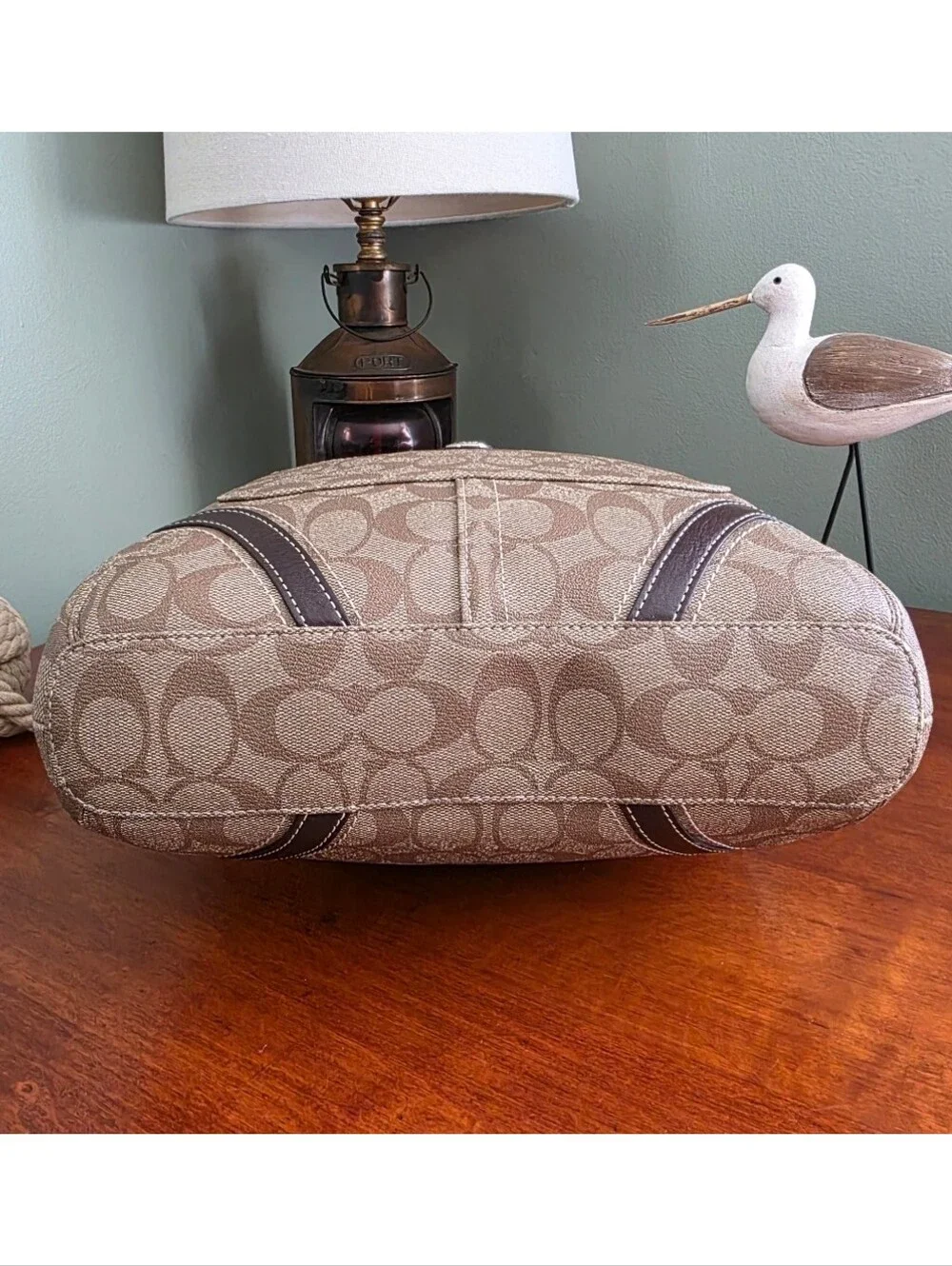 Coach F18393 Peyton Signature Tote Khaki Mahogany Coated Canvas Leather Bag Y2K